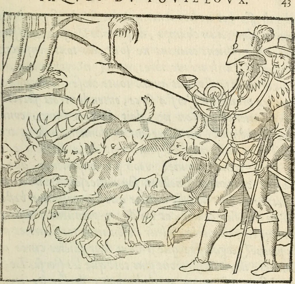 An illustration from La venerie de Jacques du Fouilloux, gentil-homme, seigneur dudit lieu, pays de Gastine, en Poitou; ... avec plusieurs receptes et remedes pour guerir les chiens de diverses maladies; plus, l'Adolescence de l'autheur, 1562, leaf 54