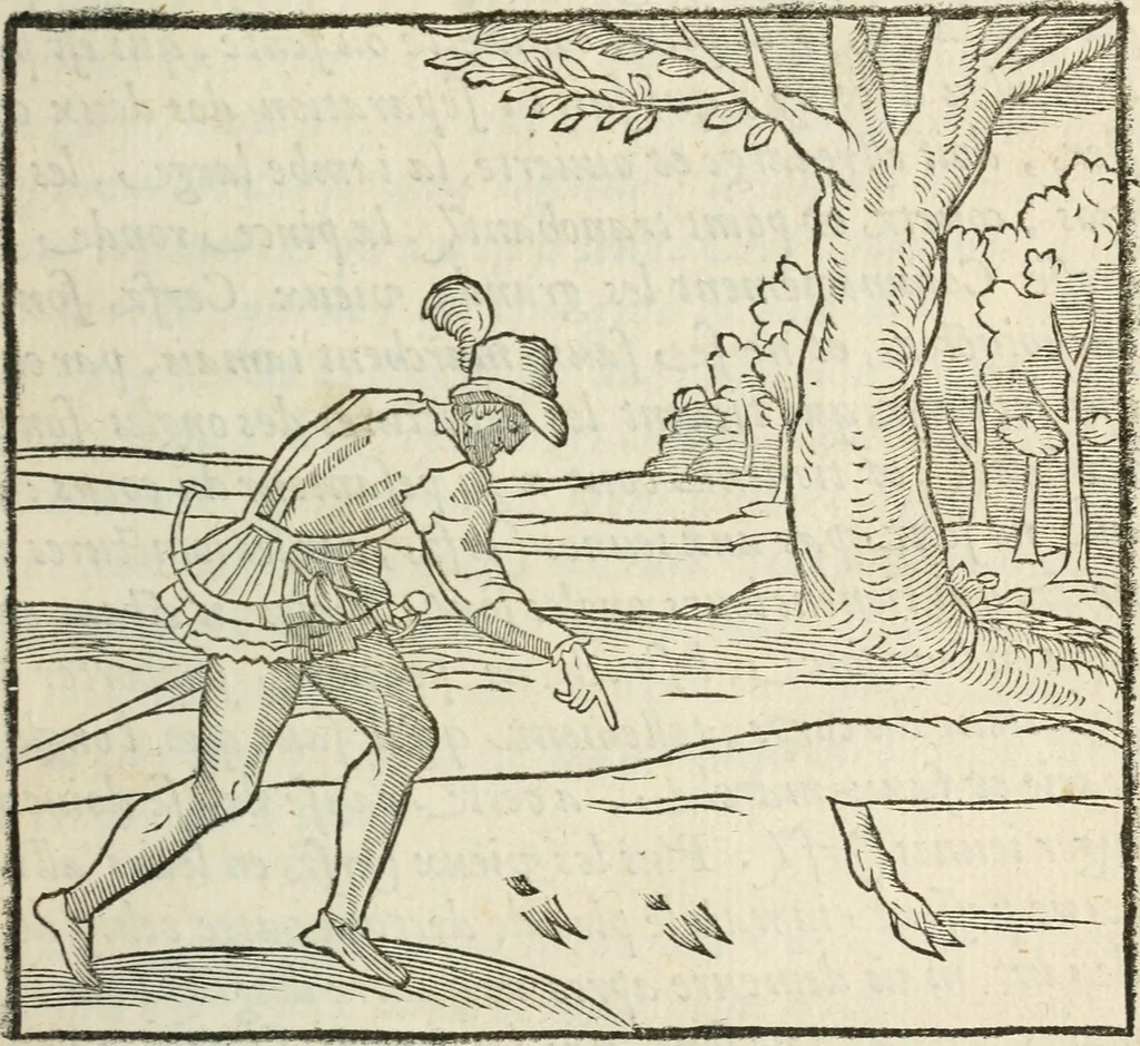 An illustration from La venerie de Jacques du Fouilloux, gentil-homme, seigneur dudit lieu, pays de Gastine, en Poitou; ... avec plusieurs receptes et remedes pour guerir les chiens de diverses maladies; plus, l'Adolescence de l'autheur, 1562, leaf 84