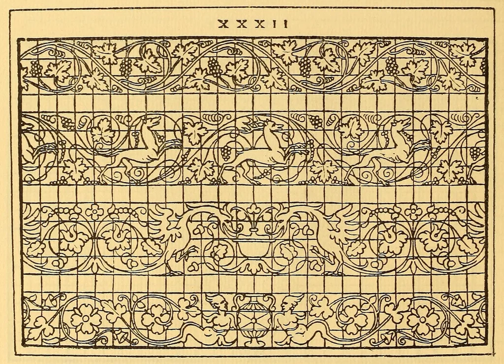 An illustration from La vera perfezione del disegno per punti e recami; riproduzione della edizione di Venezia del 1561 dall'esemplare della Biblioteca Corsiniana in Roma, 1909, leaf 48