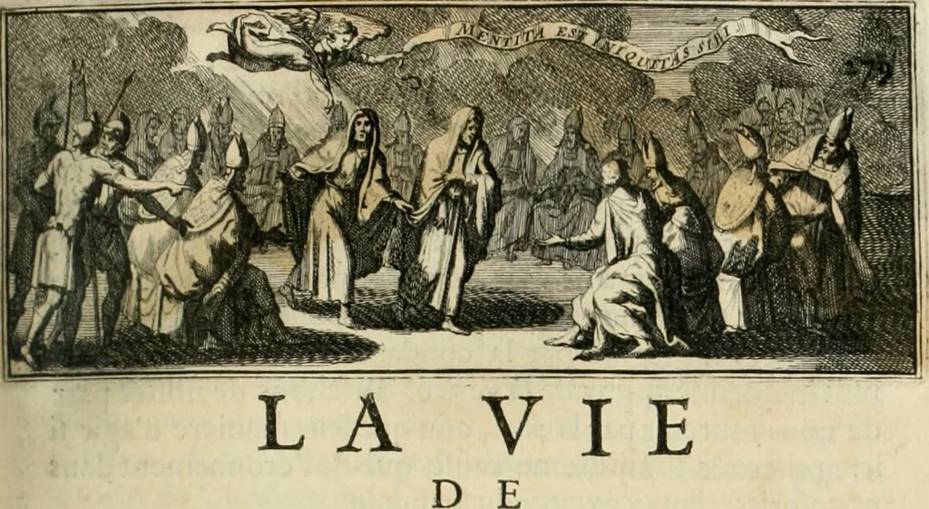 An illustration from La vie de S. Athanase, patriarche d'Alexandrie : divisée en douze livres : qui comprend encore l'histoire de S. Eustathe d'Antioche, de S. Paul de Constantinople, de S. Hilaire de Poitiers, de S. Eusebe de Verceil, des Papes Jules & Libere, & de plusieurs autres Saints; avec la naissance & le progrès de l'Arianisme, 1671, leaf 308