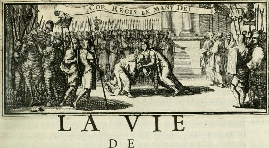 An illustration from La vie de S. Athanase, patriarche d'Alexandrie : divisée en douze livres : qui comprend encore l'histoire de S. Eustathe d'Antioche, de S. Paul de Constantinople, de S. Hilaire de Poitiers, de S. Eusebe de Verceil, des Papes Jules & Libere, & de plusieurs autres Saints; avec la naissance & le progrès de l'Arianisme, 1671, leaf 558