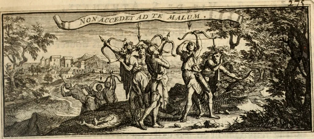 An illustration from La vie de S. Athanase, patriarche d'Alexandrie : divisée en douze livres : qui comprend encore l'histoire de S. Eustathe d'Antioche, de S. Paul de Constantinople, de S. Hilaire de Poitiers, de S. Eusebe de Verceil, des Papes Jules & Libere, & de plusieurs autres Saints; avec la naissance & le progrès de l'Arianisme, 1671, leaf 280