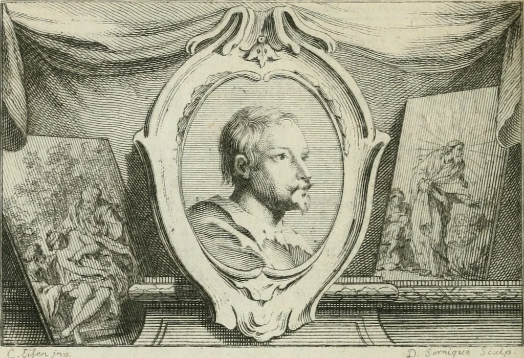 An illustration from La vie des peintres flamands, allemands et hollandois : avec des portraits gravés en taille-douche, une indication de leurs principaux ouvrages, & des réflexions sur leurs différentes manieres, 1753, leaf 419