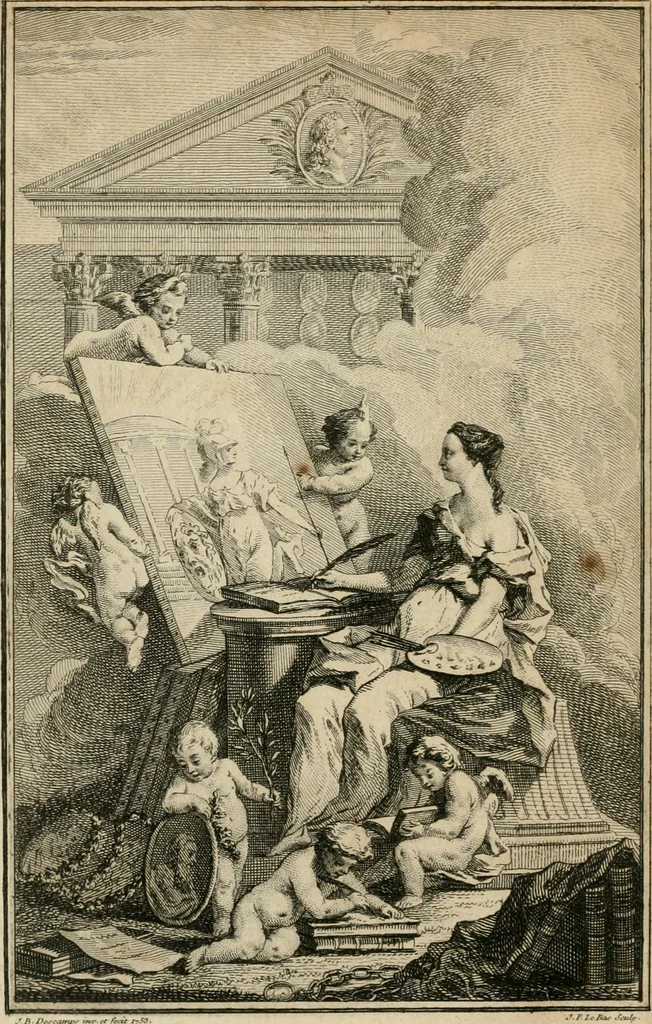 An illustration from La vie des peintres flamands, allemands et hollandois : avec des portraits gravés en taille-douche, une indication de leurs principaux ouvrages, & des réflexions sur leurs différentes manieres, 1753, leaf 5