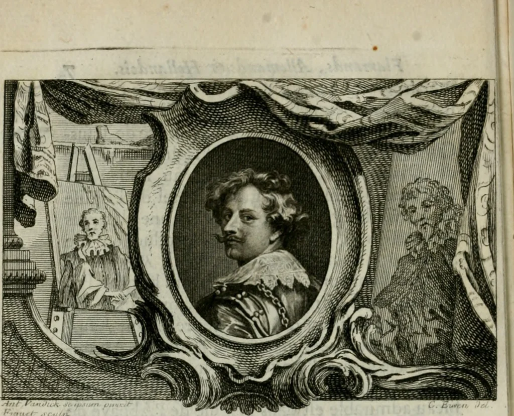 An illustration from La vie des peintres flamands, allemands et hollandois : avec des portraits gravés en taille-douche, une indication de leurs principaux ouvrages, & des réflexions sur leurs différentes manieres, 1753, leaf 13