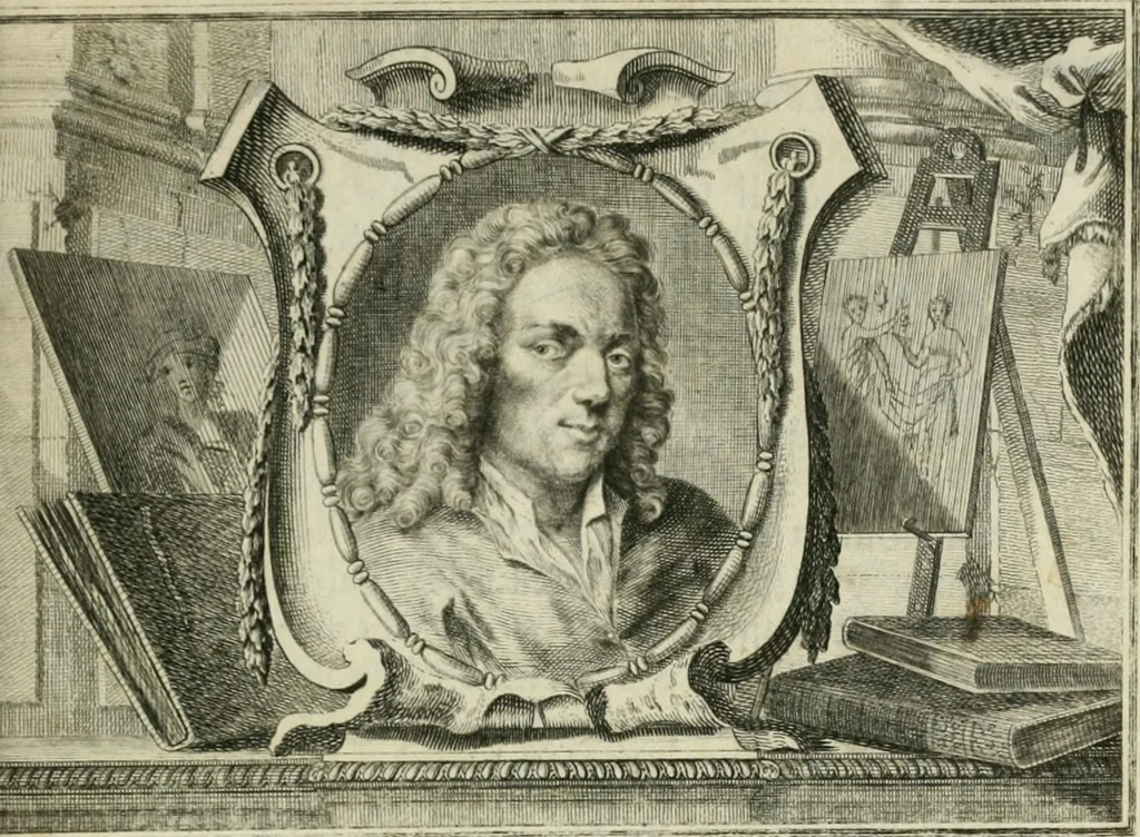 An illustration from La vie des peintres flamands, allemands et hollandois : avec des portraits gravés en taille-douche, une indication de leurs principaux ouvrages, & des réflexions sur leurs différentes manieres, 1753, leaf 12
