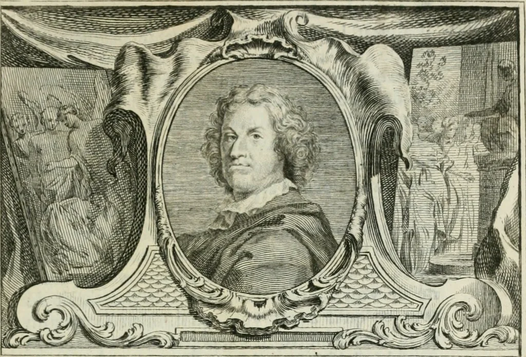An illustration from La vie des peintres flamands, allemands et hollandois : avec des portraits gravés en taille-douche, une indication de leurs principaux ouvrages, & des réflexions sur leurs différentes manieres, 1753, leaf 18