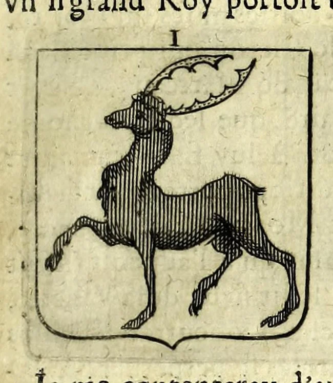 An illustration from La vraye et parfaite science des armoiries, ou, L'Indice armorial de feu maistre Louuan Geliot ... : apprenant et expliquant sommairement les mots & figures dont on se sert au blason des armoiries, & l'origine d'icelles : augmenté de nombre de termes & enrichy de grande multitude d'exemples des armes des familles tant françoise qu'estrangeres, des institutions, des ordres & de leurs colliers, des marques des dignités & charges, des ornemens des escus, de l'office des roys, des herauds, & des poursuiuans d'armes, & autres curiosités despendantes des armoiries ..., 1664, leaf 101