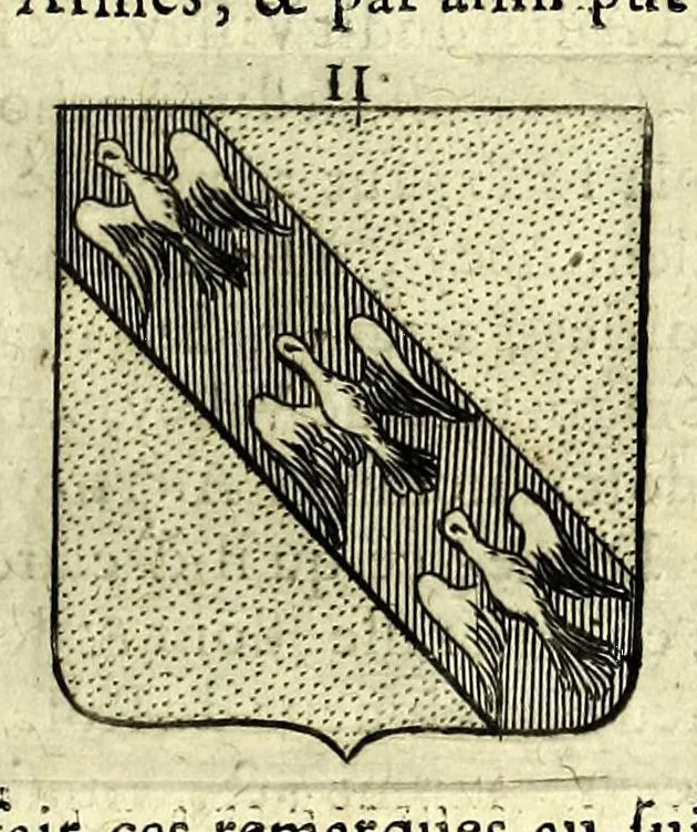 An illustration from La vraye et parfaite science des armoiries, ou, L'Indice armorial de feu maistre Louuan Geliot ... : apprenant et expliquant sommairement les mots & figures dont on se sert au blason des armoiries, & l'origine d'icelles : augmenté de nombre de termes & enrichy de grande multitude d'exemples des armes des familles tant françoise qu'estrangeres, des institutions, des ordres & de leurs colliers, des marques des dignités & charges, des ornemens des escus, de l'office des roys, des herauds, & des poursuiuans d'armes, & autres curiosités despendantes des armoiries ..., 1664, leaf 101