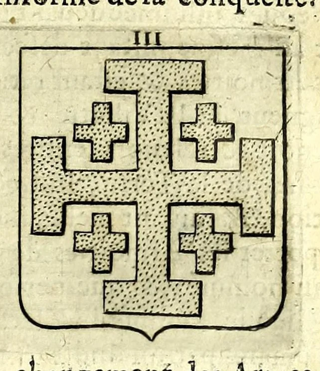 An illustration from La vraye et parfaite science des armoiries, ou, L'Indice armorial de feu maistre Louuan Geliot ... : apprenant et expliquant sommairement les mots & figures dont on se sert au blason des armoiries, & l'origine d'icelles : augmenté de nombre de termes & enrichy de grande multitude d'exemples des armes des familles tant françoise qu'estrangeres, des institutions, des ordres & de leurs colliers, des marques des dignités & charges, des ornemens des escus, de l'office des roys, des herauds, & des poursuiuans d'armes, & autres curiosités despendantes des armoiries ..., 1664, leaf 101