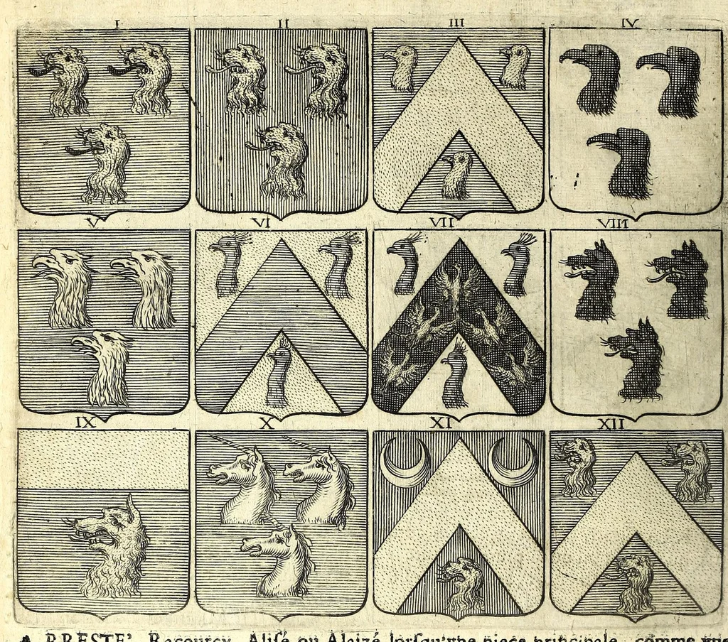 An illustration from La vraye et parfaite science des armoiries, ou, L'Indice armorial de feu maistre Louuan Geliot ... : apprenant et expliquant sommairement les mots & figures dont on se sert au blason des armoiries, & l'origine d'icelles : augmenté de nombre de termes & enrichy de grande multitude d'exemples des armes des familles tant françoise qu'estrangeres, des institutions, des ordres & de leurs colliers, des marques des dignités & charges, des ornemens des escus, de l'office des roys, des herauds, & des poursuiuans d'armes, & autres curiosités despendantes des armoiries ..., 1664, leaf 112