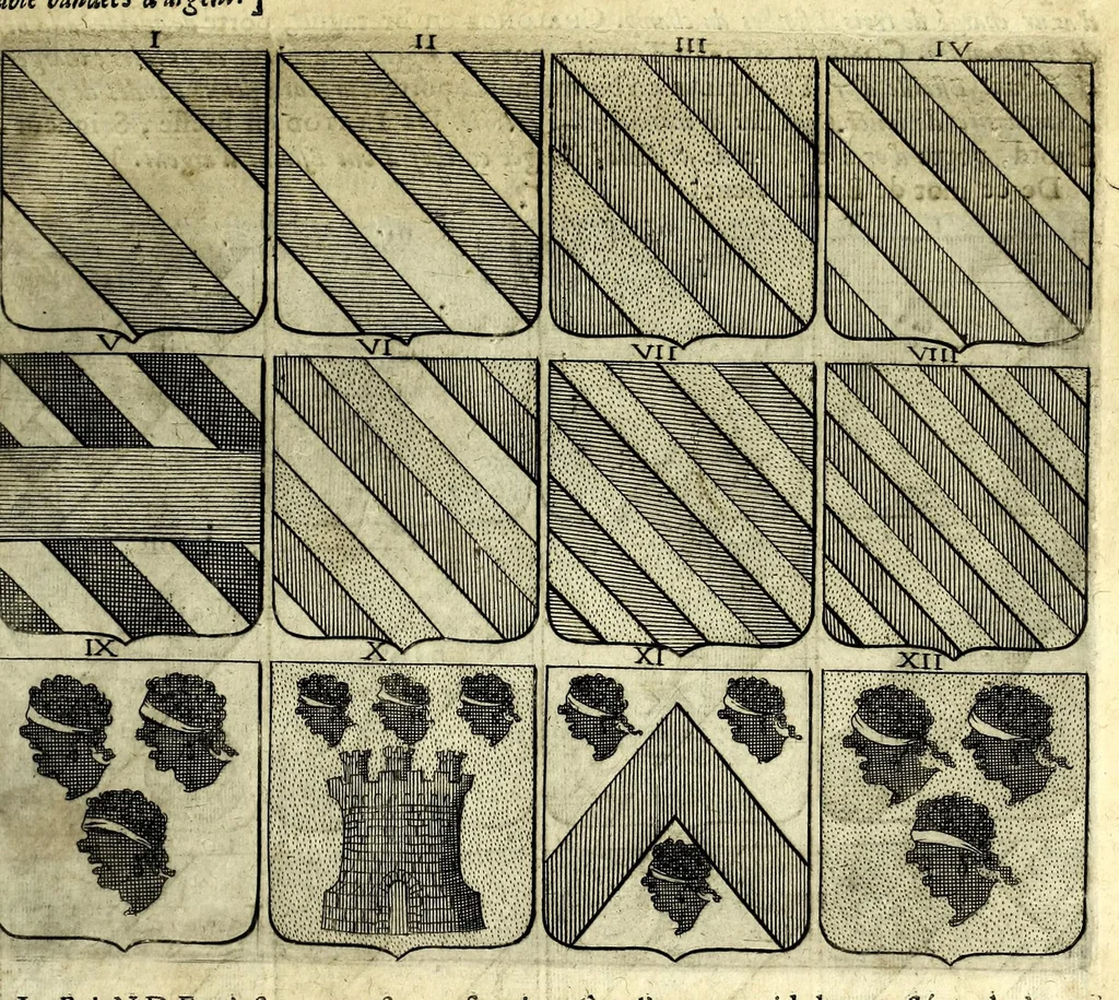 An illustration from La vraye et parfaite science des armoiries, ou, L'Indice armorial de feu maistre Louuan Geliot ... : apprenant et expliquant sommairement les mots & figures dont on se sert au blason des armoiries, & l'origine d'icelles : augmenté de nombre de termes & enrichy de grande multitude d'exemples des armes des familles tant françoise qu'estrangeres, des institutions, des ordres & de leurs colliers, des marques des dignités & charges, des ornemens des escus, de l'office des roys, des herauds, & des poursuiuans d'armes, & autres curiosités despendantes des armoiries ..., 1664, leaf 119