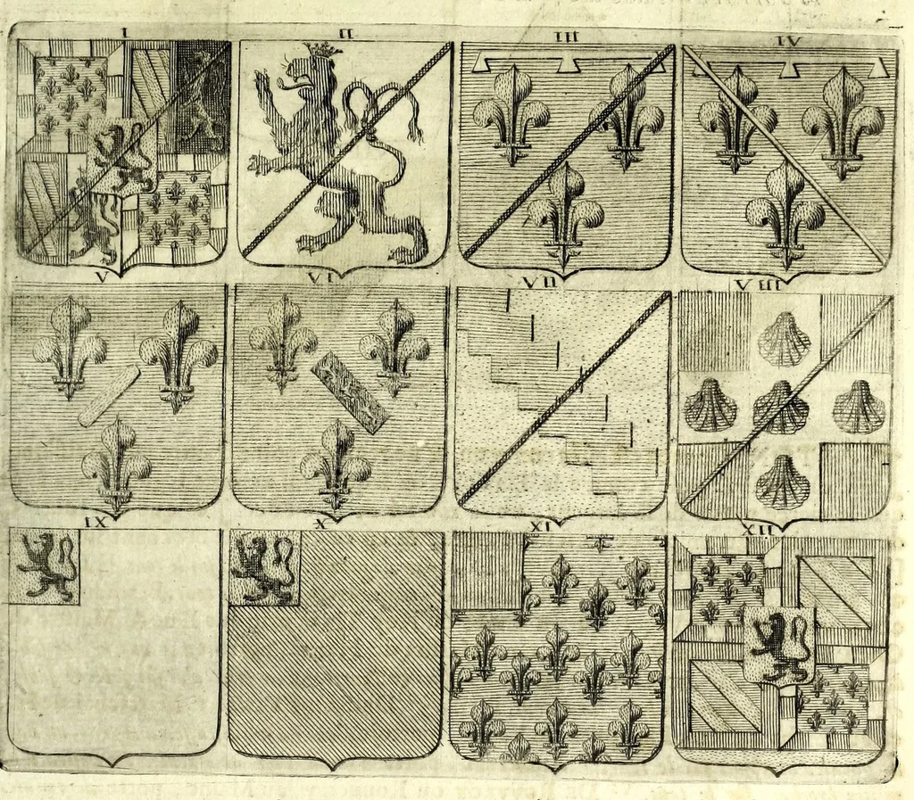 An illustration from La vraye et parfaite science des armoiries, ou, L'Indice armorial de feu maistre Louuan Geliot ... : apprenant et expliquant sommairement les mots & figures dont on se sert au blason des armoiries, & l'origine d'icelles : augmenté de nombre de termes & enrichy de grande multitude d'exemples des armes des familles tant françoise qu'estrangeres, des institutions, des ordres & de leurs colliers, des marques des dignités & charges, des ornemens des escus, de l'office des roys, des herauds, & des poursuiuans d'armes, & autres curiosités despendantes des armoiries ..., 1664, leaf 127