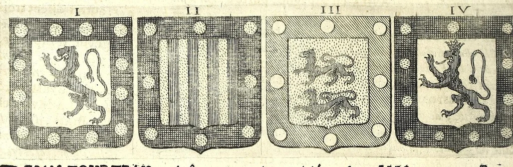 An illustration from La vraye et parfaite science des armoiries, ou, L'Indice armorial de feu maistre Louuan Geliot ... : apprenant et expliquant sommairement les mots & figures dont on se sert au blason des armoiries, & l'origine d'icelles : augmenté de nombre de termes & enrichy de grande multitude d'exemples des armes des familles tant françoise qu'estrangeres, des institutions, des ordres & de leurs colliers, des marques des dignités & charges, des ornemens des escus, de l'office des roys, des herauds, & des poursuiuans d'armes, & autres curiosités despendantes des armoiries ..., 1664, leaf 134