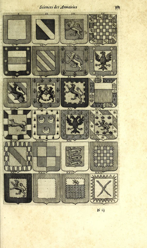 An illustration from La vraye et parfaite science des armoiries, ou, L'Indice armorial de feu maistre Louuan Geliot ... : apprenant et expliquant sommairement les mots & figures dont on se sert au blason des armoiries, & l'origine d'icelles : augmenté de nombre de termes & enrichy de grande multitude d'exemples des armes des familles tant françoise qu'estrangeres, des institutions, des ordres & de leurs colliers, des marques des dignités & charges, des ornemens des escus, de l'office des roys, des herauds, & des poursuiuans d'armes, & autres curiosités despendantes des armoiries ..., 1664, leaf 145