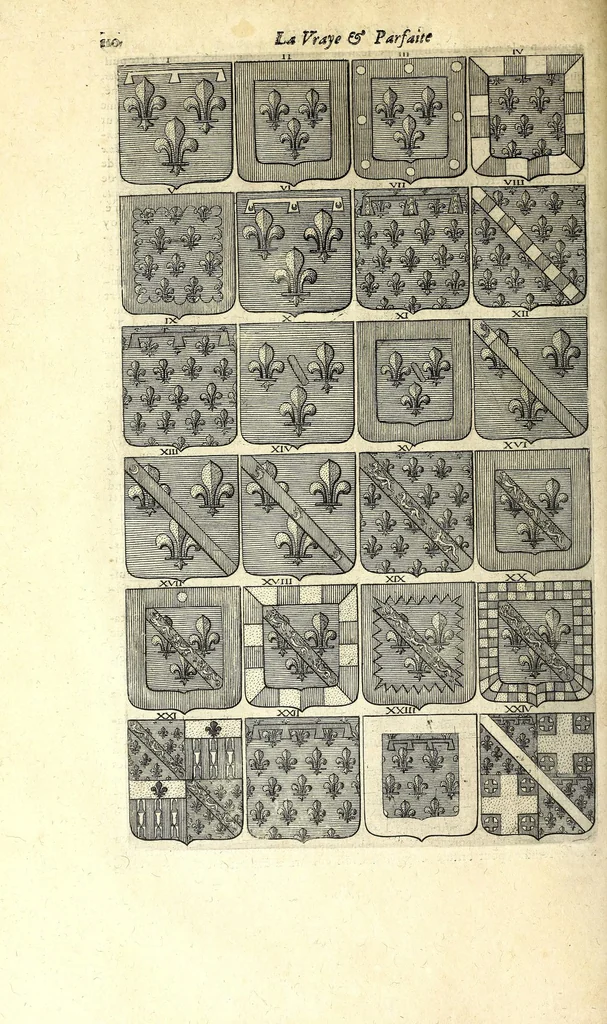 An illustration from La vraye et parfaite science des armoiries, ou, L'Indice armorial de feu maistre Louuan Geliot ... : apprenant et expliquant sommairement les mots & figures dont on se sert au blason des armoiries, & l'origine d'icelles : augmenté de nombre de termes & enrichy de grande multitude d'exemples des armes des familles tant françoise qu'estrangeres, des institutions, des ordres & de leurs colliers, des marques des dignités & charges, des ornemens des escus, de l'office des roys, des herauds, & des poursuiuans d'armes, & autres curiosités despendantes des armoiries ..., 1664, leaf 154