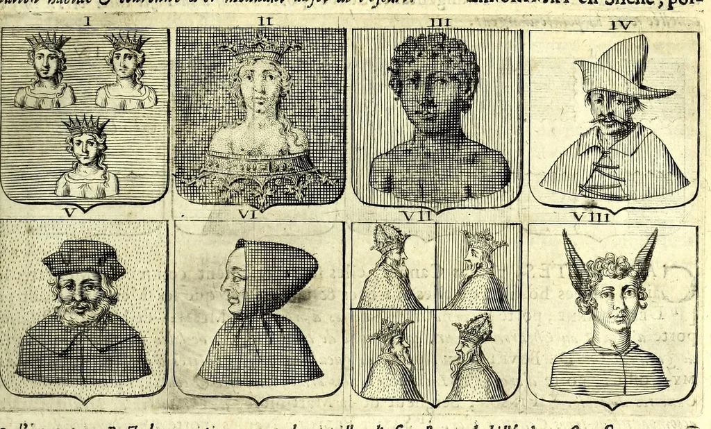 An illustration from La vraye et parfaite science des armoiries, ou, L'Indice armorial de feu maistre Louuan Geliot ... : apprenant et expliquant sommairement les mots & figures dont on se sert au blason des armoiries, & l'origine d'icelles : augmenté de nombre de termes & enrichy de grande multitude d'exemples des armes des familles tant françoise qu'estrangeres, des institutions, des ordres & de leurs colliers, des marques des dignités & charges, des ornemens des escus, de l'office des roys, des herauds, & des poursuiuans d'armes, & autres curiosités despendantes des armoiries ..., 1664, leaf 163