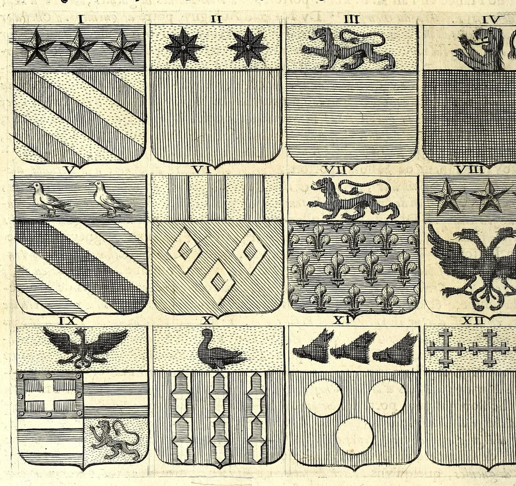 An illustration from La vraye et parfaite science des armoiries, ou, L'Indice armorial de feu maistre Louuan Geliot ... : apprenant et expliquant sommairement les mots & figures dont on se sert au blason des armoiries, & l'origine d'icelles : augmenté de nombre de termes & enrichy de grande multitude d'exemples des armes des familles tant françoise qu'estrangeres, des institutions, des ordres & de leurs colliers, des marques des dignités & charges, des ornemens des escus, de l'office des roys, des herauds, & des poursuiuans d'armes, & autres curiosités despendantes des armoiries ..., 1664, leaf 192