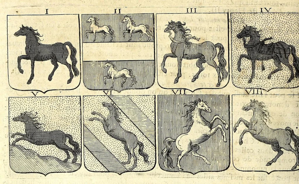An illustration from La vraye et parfaite science des armoiries, ou, L'Indice armorial de feu maistre Louuan Geliot ... : apprenant et expliquant sommairement les mots & figures dont on se sert au blason des armoiries, & l'origine d'icelles : augmenté de nombre de termes & enrichy de grande multitude d'exemples des armes des familles tant françoise qu'estrangeres, des institutions, des ordres & de leurs colliers, des marques des dignités & charges, des ornemens des escus, de l'office des roys, des herauds, & des poursuiuans d'armes, & autres curiosités despendantes des armoiries ..., 1664, leaf 200