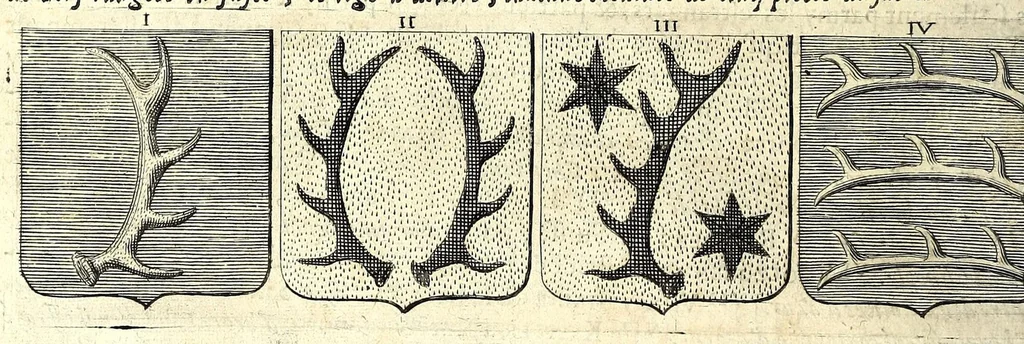 An illustration from La vraye et parfaite science des armoiries, ou, L'Indice armorial de feu maistre Louuan Geliot ... : apprenant et expliquant sommairement les mots & figures dont on se sert au blason des armoiries, & l'origine d'icelles : augmenté de nombre de termes & enrichy de grande multitude d'exemples des armes des familles tant françoise qu'estrangeres, des institutions, des ordres & de leurs colliers, des marques des dignités & charges, des ornemens des escus, de l'office des roys, des herauds, & des poursuiuans d'armes, & autres curiosités despendantes des armoiries ..., 1664, leaf 200
