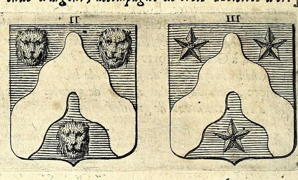 An illustration from La vraye et parfaite science des armoiries, ou, L'Indice armorial de feu maistre Louuan Geliot ... : apprenant et expliquant sommairement les mots & figures dont on se sert au blason des armoiries, & l'origine d'icelles : augmenté de nombre de termes & enrichy de grande multitude d'exemples des armes des familles tant françoise qu'estrangeres, des institutions, des ordres & de leurs colliers, des marques des dignités & charges, des ornemens des escus, de l'office des roys, des herauds, & des poursuiuans d'armes, & autres curiosités despendantes des armoiries ..., 1664, leaf 208