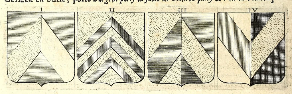 An illustration from La vraye et parfaite science des armoiries, ou, L'Indice armorial de feu maistre Louuan Geliot ... : apprenant et expliquant sommairement les mots & figures dont on se sert au blason des armoiries, & l'origine d'icelles : augmenté de nombre de termes & enrichy de grande multitude d'exemples des armes des familles tant françoise qu'estrangeres, des institutions, des ordres & de leurs colliers, des marques des dignités & charges, des ornemens des escus, de l'office des roys, des herauds, & des poursuiuans d'armes, & autres curiosités despendantes des armoiries ..., 1664, leaf 208