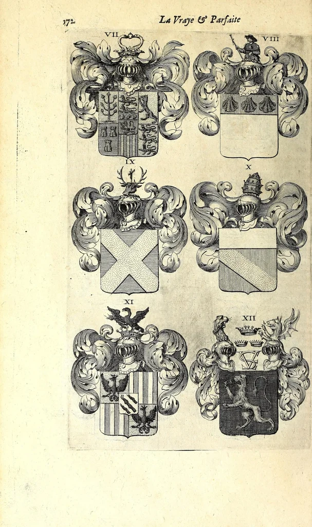 An illustration from La vraye et parfaite science des armoiries, ou, L'Indice armorial de feu maistre Louuan Geliot ... : apprenant et expliquant sommairement les mots & figures dont on se sert au blason des armoiries, & l'origine d'icelles : augmenté de nombre de termes & enrichy de grande multitude d'exemples des armes des familles tant françoise qu'estrangeres, des institutions, des ordres & de leurs colliers, des marques des dignités & charges, des ornemens des escus, de l'office des roys, des herauds, & des poursuiuans d'armes, & autres curiosités despendantes des armoiries ..., 1664, leaf 216