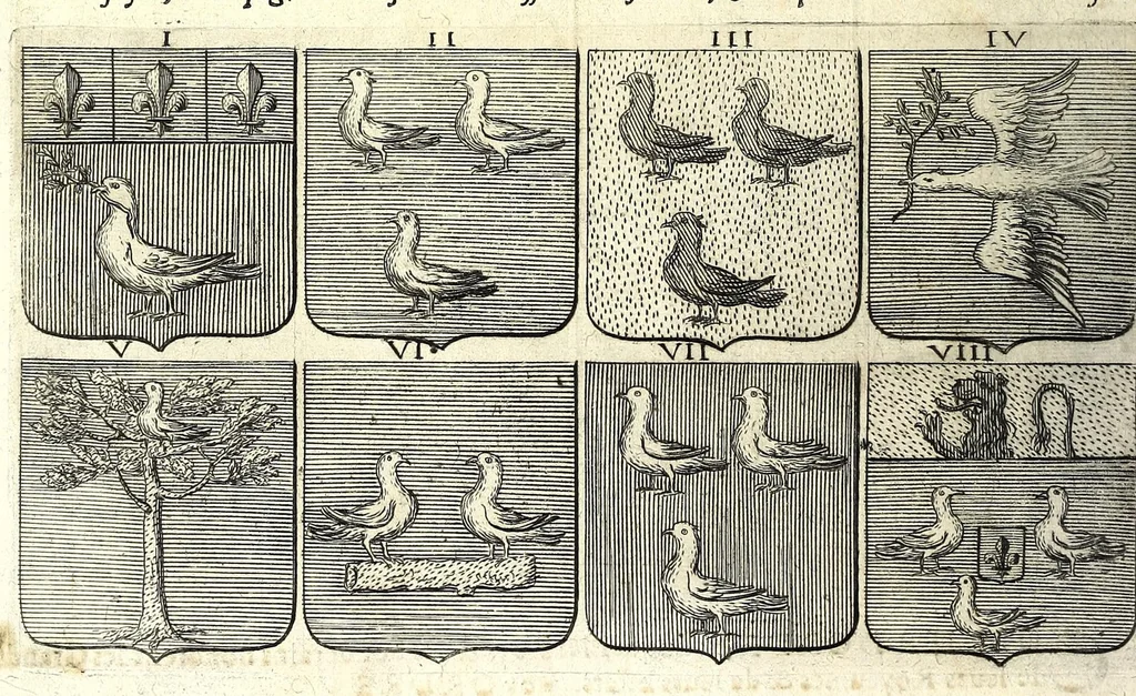 An illustration from La vraye et parfaite science des armoiries, ou, L'Indice armorial de feu maistre Louuan Geliot ... : apprenant et expliquant sommairement les mots & figures dont on se sert au blason des armoiries, & l'origine d'icelles : augmenté de nombre de termes & enrichy de grande multitude d'exemples des armes des familles tant françoise qu'estrangeres, des institutions, des ordres & de leurs colliers, des marques des dignités & charges, des ornemens des escus, de l'office des roys, des herauds, & des poursuiuans d'armes, & autres curiosités despendantes des armoiries ..., 1664, leaf 224