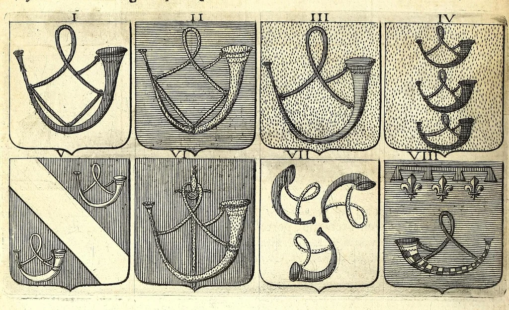 An illustration from La vraye et parfaite science des armoiries, ou, L'Indice armorial de feu maistre Louuan Geliot ... : apprenant et expliquant sommairement les mots & figures dont on se sert au blason des armoiries, & l'origine d'icelles : augmenté de nombre de termes & enrichy de grande multitude d'exemples des armes des familles tant françoise qu'estrangeres, des institutions, des ordres & de leurs colliers, des marques des dignités & charges, des ornemens des escus, de l'office des roys, des herauds, & des poursuiuans d'armes, & autres curiosités despendantes des armoiries ..., 1664, leaf 234