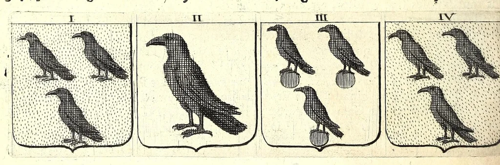 An illustration from La vraye et parfaite science des armoiries, ou, L'Indice armorial de feu maistre Louuan Geliot ... : apprenant et expliquant sommairement les mots & figures dont on se sert au blason des armoiries, & l'origine d'icelles : augmenté de nombre de termes & enrichy de grande multitude d'exemples des armes des familles tant françoise qu'estrangeres, des institutions, des ordres & de leurs colliers, des marques des dignités & charges, des ornemens des escus, de l'office des roys, des herauds, & des poursuiuans d'armes, & autres curiosités despendantes des armoiries ..., 1664, leaf 234