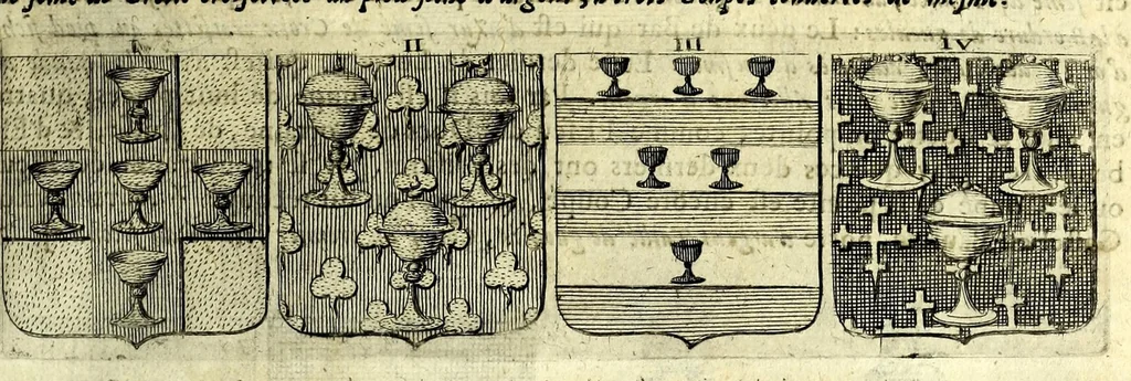 An illustration from La vraye et parfaite science des armoiries, ou, L'Indice armorial de feu maistre Louuan Geliot ... : apprenant et expliquant sommairement les mots & figures dont on se sert au blason des armoiries, & l'origine d'icelles : augmenté de nombre de termes & enrichy de grande multitude d'exemples des armes des familles tant françoise qu'estrangeres, des institutions, des ordres & de leurs colliers, des marques des dignités & charges, des ornemens des escus, de l'office des roys, des herauds, & des poursuiuans d'armes, & autres curiosités despendantes des armoiries ..., 1664, leaf 243