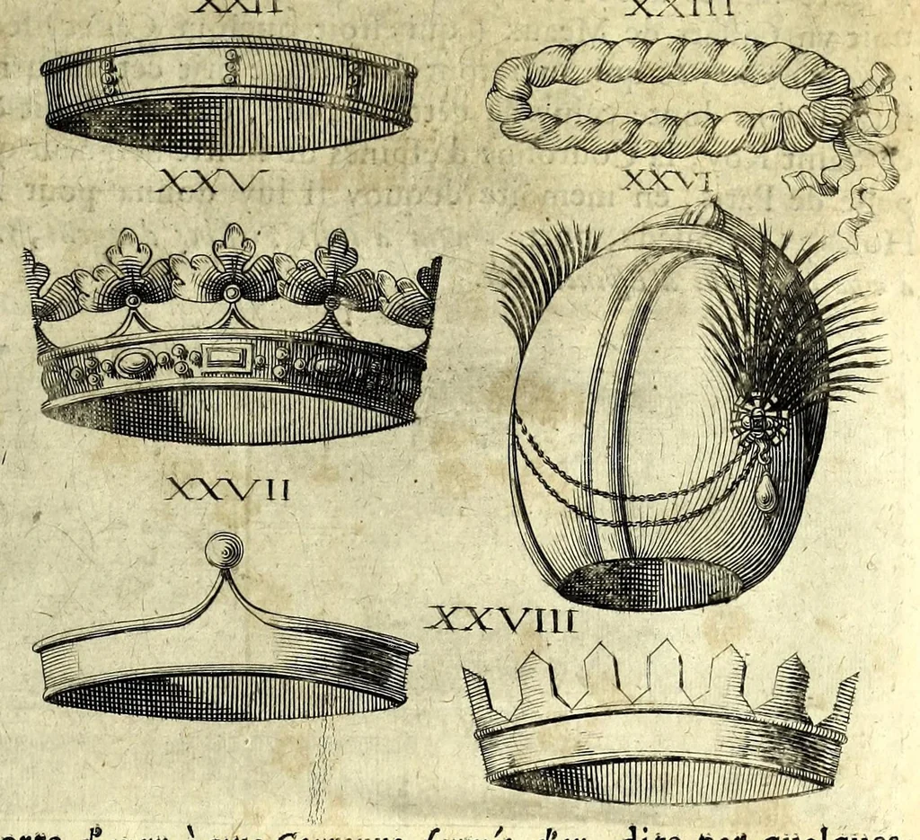 An illustration from La vraye et parfaite science des armoiries, ou, L'Indice armorial de feu maistre Louuan Geliot ... : apprenant et expliquant sommairement les mots & figures dont on se sert au blason des armoiries, & l'origine d'icelles : augmenté de nombre de termes & enrichy de grande multitude d'exemples des armes des familles tant françoise qu'estrangeres, des institutions, des ordres & de leurs colliers, des marques des dignités & charges, des ornemens des escus, de l'office des roys, des herauds, & des poursuiuans d'armes, & autres curiosités despendantes des armoiries ..., 1664, leaf 253