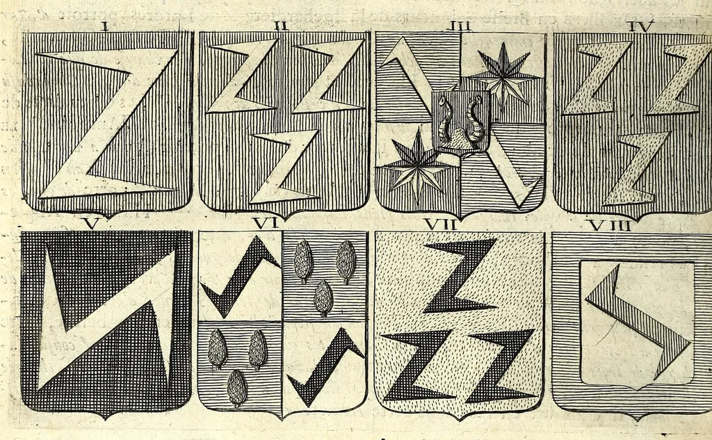 An illustration from La vraye et parfaite science des armoiries, ou, L'Indice armorial de feu maistre Louuan Geliot ... : apprenant et expliquant sommairement les mots & figures dont on se sert au blason des armoiries, & l'origine d'icelles : augmenté de nombre de termes & enrichy de grande multitude d'exemples des armes des familles tant françoise qu'estrangeres, des institutions, des ordres & de leurs colliers, des marques des dignités & charges, des ornemens des escus, de l'office des roys, des herauds, & des poursuiuans d'armes, & autres curiosités despendantes des armoiries ..., 1664, leaf 262
