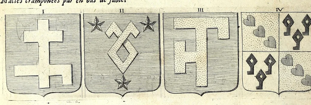 An illustration from La vraye et parfaite science des armoiries, ou, L'Indice armorial de feu maistre Louuan Geliot ... : apprenant et expliquant sommairement les mots & figures dont on se sert au blason des armoiries, & l'origine d'icelles : augmenté de nombre de termes & enrichy de grande multitude d'exemples des armes des familles tant françoise qu'estrangeres, des institutions, des ordres & de leurs colliers, des marques des dignités & charges, des ornemens des escus, de l'office des roys, des herauds, & des poursuiuans d'armes, & autres curiosités despendantes des armoiries ..., 1664, leaf 262