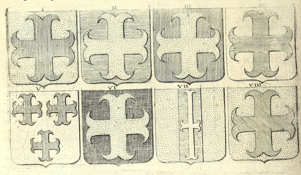An illustration from La vraye et parfaite science des armoiries, ou, L'Indice armorial de feu maistre Louuan Geliot ... : apprenant et expliquant sommairement les mots & figures dont on se sert au blason des armoiries, & l'origine d'icelles : augmenté de nombre de termes & enrichy de grande multitude d'exemples des armes des familles tant françoise qu'estrangeres, des institutions, des ordres & de leurs colliers, des marques des dignités & charges, des ornemens des escus, de l'office des roys, des herauds, & des poursuiuans d'armes, & autres curiosités despendantes des armoiries ..., 1664, leaf 272