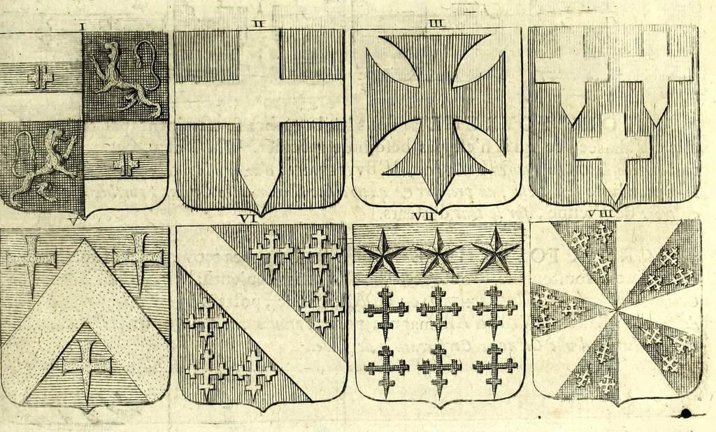 An illustration from La vraye et parfaite science des armoiries, ou, L'Indice armorial de feu maistre Louuan Geliot ... : apprenant et expliquant sommairement les mots & figures dont on se sert au blason des armoiries, & l'origine d'icelles : augmenté de nombre de termes & enrichy de grande multitude d'exemples des armes des familles tant françoise qu'estrangeres, des institutions, des ordres & de leurs colliers, des marques des dignités & charges, des ornemens des escus, de l'office des roys, des herauds, & des poursuiuans d'armes, & autres curiosités despendantes des armoiries ..., 1664, leaf 279
