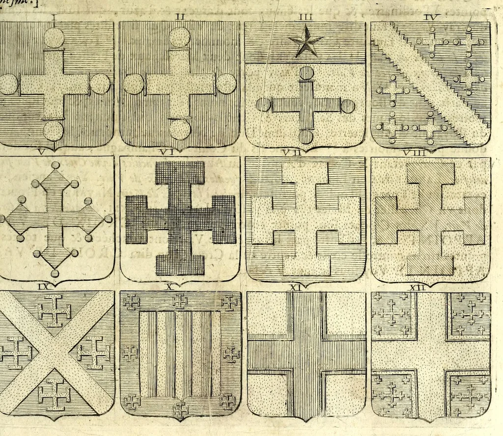 An illustration from La vraye et parfaite science des armoiries, ou, L'Indice armorial de feu maistre Louuan Geliot ... : apprenant et expliquant sommairement les mots & figures dont on se sert au blason des armoiries, & l'origine d'icelles : augmenté de nombre de termes & enrichy de grande multitude d'exemples des armes des familles tant françoise qu'estrangeres, des institutions, des ordres & de leurs colliers, des marques des dignités & charges, des ornemens des escus, de l'office des roys, des herauds, & des poursuiuans d'armes, & autres curiosités despendantes des armoiries ..., 1664, leaf 285