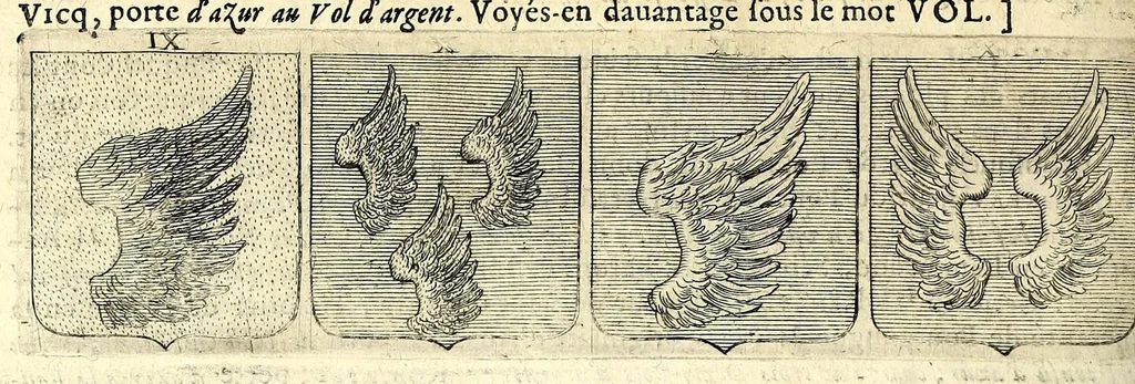 An illustration from La vraye et parfaite science des armoiries, ou, L'Indice armorial de feu maistre Louuan Geliot ... : apprenant et expliquant sommairement les mots & figures dont on se sert au blason des armoiries, & l'origine d'icelles : augmenté de nombre de termes & enrichy de grande multitude d'exemples des armes des familles tant françoise qu'estrangeres, des institutions, des ordres & de leurs colliers, des marques des dignités & charges, des ornemens des escus, de l'office des roys, des herauds, & des poursuiuans d'armes, & autres curiosités despendantes des armoiries ..., 1664, leaf 296