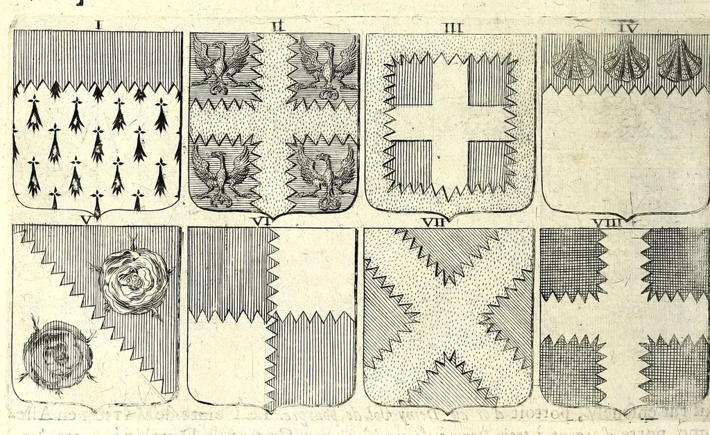 An illustration from La vraye et parfaite science des armoiries, ou, L'Indice armorial de feu maistre Louuan Geliot ... : apprenant et expliquant sommairement les mots & figures dont on se sert au blason des armoiries, & l'origine d'icelles : augmenté de nombre de termes & enrichy de grande multitude d'exemples des armes des familles tant françoise qu'estrangeres, des institutions, des ordres & de leurs colliers, des marques des dignités & charges, des ornemens des escus, de l'office des roys, des herauds, & des poursuiuans d'armes, & autres curiosités despendantes des armoiries ..., 1664, leaf 296