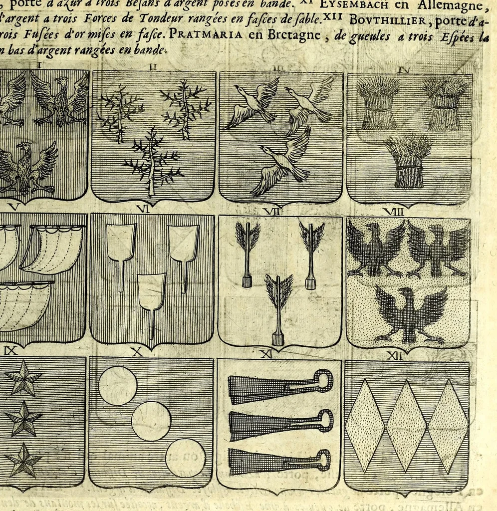An illustration from La vraye et parfaite science des armoiries, ou, L'Indice armorial de feu maistre Louuan Geliot ... : apprenant et expliquant sommairement les mots & figures dont on se sert au blason des armoiries, & l'origine d'icelles : augmenté de nombre de termes & enrichy de grande multitude d'exemples des armes des familles tant françoise qu'estrangeres, des institutions, des ordres & de leurs colliers, des marques des dignités & charges, des ornemens des escus, de l'office des roys, des herauds, & des poursuiuans d'armes, & autres curiosités despendantes des armoiries ..., 1664, leaf 303