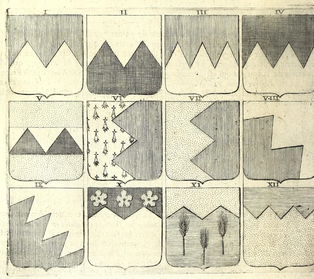 An illustration from La vraye et parfaite science des armoiries, ou, L'Indice armorial de feu maistre Louuan Geliot ... : apprenant et expliquant sommairement les mots & figures dont on se sert au blason des armoiries, & l'origine d'icelles : augmenté de nombre de termes & enrichy de grande multitude d'exemples des armes des familles tant françoise qu'estrangeres, des institutions, des ordres & de leurs colliers, des marques des dignités & charges, des ornemens des escus, de l'office des roys, des herauds, & des poursuiuans d'armes, & autres curiosités despendantes des armoiries ..., 1664, leaf 310