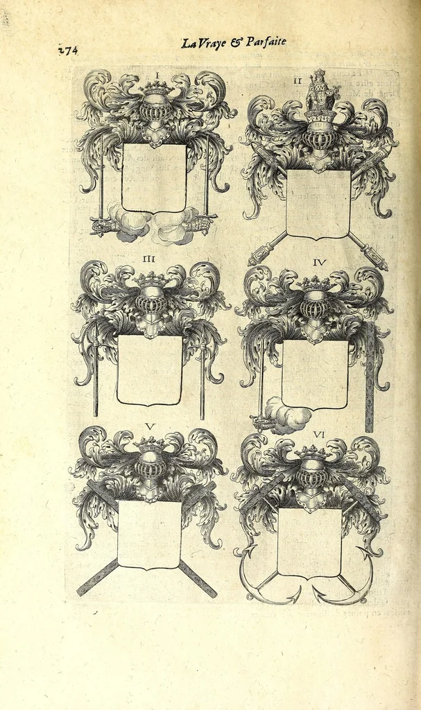 An illustration from La vraye et parfaite science des armoiries, ou, L'Indice armorial de feu maistre Louuan Geliot ... : apprenant et expliquant sommairement les mots & figures dont on se sert au blason des armoiries, & l'origine d'icelles : augmenté de nombre de termes & enrichy de grande multitude d'exemples des armes des familles tant françoise qu'estrangeres, des institutions, des ordres & de leurs colliers, des marques des dignités & charges, des ornemens des escus, de l'office des roys, des herauds, & des poursuiuans d'armes, & autres curiosités despendantes des armoiries ..., 1664, leaf 318