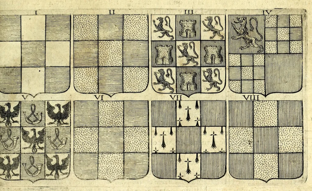 An illustration from La vraye et parfaite science des armoiries, ou, L'Indice armorial de feu maistre Louuan Geliot ... : apprenant et expliquant sommairement les mots & figures dont on se sert au blason des armoiries, & l'origine d'icelles : augmenté de nombre de termes & enrichy de grande multitude d'exemples des armes des familles tant françoise qu'estrangeres, des institutions, des ordres & de leurs colliers, des marques des dignités & charges, des ornemens des escus, de l'office des roys, des herauds, & des poursuiuans d'armes, & autres curiosités despendantes des armoiries ..., 1664, leaf 327