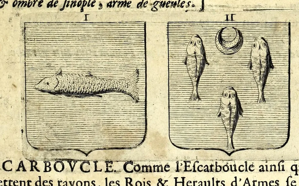 An illustration from La vraye et parfaite science des armoiries, ou, L'Indice armorial de feu maistre Louuan Geliot ... : apprenant et expliquant sommairement les mots & figures dont on se sert au blason des armoiries, & l'origine d'icelles : augmenté de nombre de termes & enrichy de grande multitude d'exemples des armes des familles tant françoise qu'estrangeres, des institutions, des ordres & de leurs colliers, des marques des dignités & charges, des ornemens des escus, de l'office des roys, des herauds, & des poursuiuans d'armes, & autres curiosités despendantes des armoiries ..., 1664, leaf 327