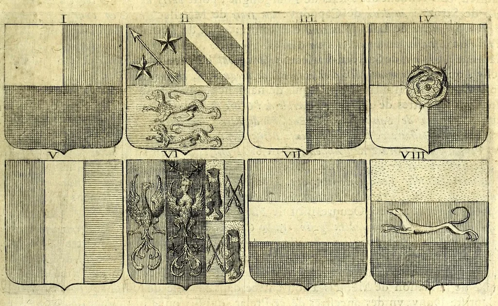 An illustration from La vraye et parfaite science des armoiries, ou, L'Indice armorial de feu maistre Louuan Geliot ... : apprenant et expliquant sommairement les mots & figures dont on se sert au blason des armoiries, & l'origine d'icelles : augmenté de nombre de termes & enrichy de grande multitude d'exemples des armes des familles tant françoise qu'estrangeres, des institutions, des ordres & de leurs colliers, des marques des dignités & charges, des ornemens des escus, de l'office des roys, des herauds, & des poursuiuans d'armes, & autres curiosités despendantes des armoiries ..., 1664, leaf 347