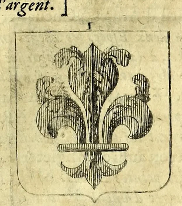An illustration from La vraye et parfaite science des armoiries, ou, L'Indice armorial de feu maistre Louuan Geliot ... : apprenant et expliquant sommairement les mots & figures dont on se sert au blason des armoiries, & l'origine d'icelles : augmenté de nombre de termes & enrichy de grande multitude d'exemples des armes des familles tant françoise qu'estrangeres, des institutions, des ordres & de leurs colliers, des marques des dignités & charges, des ornemens des escus, de l'office des roys, des herauds, & des poursuiuans d'armes, & autres curiosités despendantes des armoiries ..., 1664, leaf 355