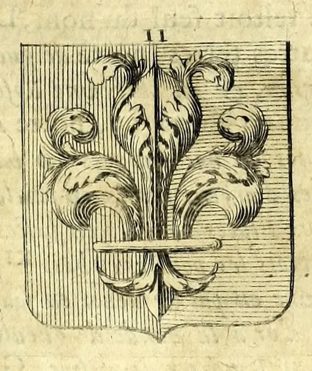 An illustration from La vraye et parfaite science des armoiries, ou, L'Indice armorial de feu maistre Louuan Geliot ... : apprenant et expliquant sommairement les mots & figures dont on se sert au blason des armoiries, & l'origine d'icelles : augmenté de nombre de termes & enrichy de grande multitude d'exemples des armes des familles tant françoise qu'estrangeres, des institutions, des ordres & de leurs colliers, des marques des dignités & charges, des ornemens des escus, de l'office des roys, des herauds, & des poursuiuans d'armes, & autres curiosités despendantes des armoiries ..., 1664, leaf 355