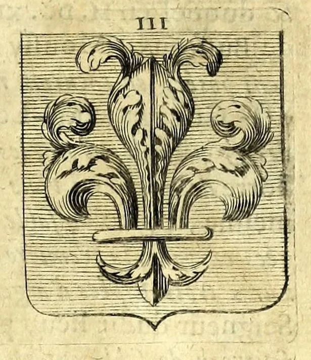 An illustration from La vraye et parfaite science des armoiries, ou, L'Indice armorial de feu maistre Louuan Geliot ... : apprenant et expliquant sommairement les mots & figures dont on se sert au blason des armoiries, & l'origine d'icelles : augmenté de nombre de termes & enrichy de grande multitude d'exemples des armes des familles tant françoise qu'estrangeres, des institutions, des ordres & de leurs colliers, des marques des dignités & charges, des ornemens des escus, de l'office des roys, des herauds, & des poursuiuans d'armes, & autres curiosités despendantes des armoiries ..., 1664, leaf 355