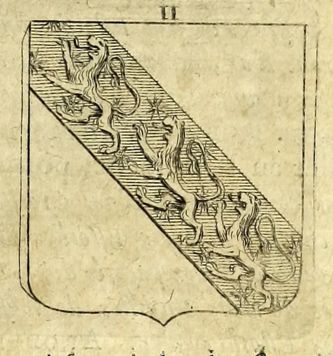 An illustration from La vraye et parfaite science des armoiries, ou, L'Indice armorial de feu maistre Louuan Geliot ... : apprenant et expliquant sommairement les mots & figures dont on se sert au blason des armoiries, & l'origine d'icelles : augmenté de nombre de termes & enrichy de grande multitude d'exemples des armes des familles tant françoise qu'estrangeres, des institutions, des ordres & de leurs colliers, des marques des dignités & charges, des ornemens des escus, de l'office des roys, des herauds, & des poursuiuans d'armes, & autres curiosités despendantes des armoiries ..., 1664, leaf 363