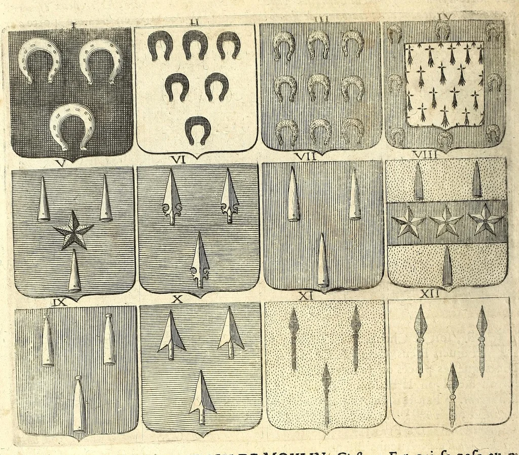 An illustration from La vraye et parfaite science des armoiries, ou, L'Indice armorial de feu maistre Louuan Geliot ... : apprenant et expliquant sommairement les mots & figures dont on se sert au blason des armoiries, & l'origine d'icelles : augmenté de nombre de termes & enrichy de grande multitude d'exemples des armes des familles tant françoise qu'estrangeres, des institutions, des ordres & de leurs colliers, des marques des dignités & charges, des ornemens des escus, de l'office des roys, des herauds, & des poursuiuans d'armes, & autres curiosités despendantes des armoiries ..., 1664, leaf 378
